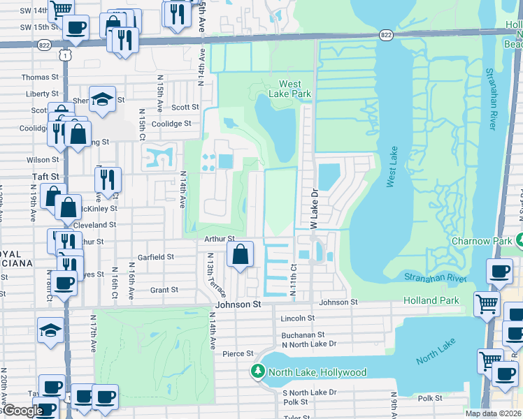 map of restaurants, bars, coffee shops, grocery stores, and more near 1455 North 12th Court in Hollywood