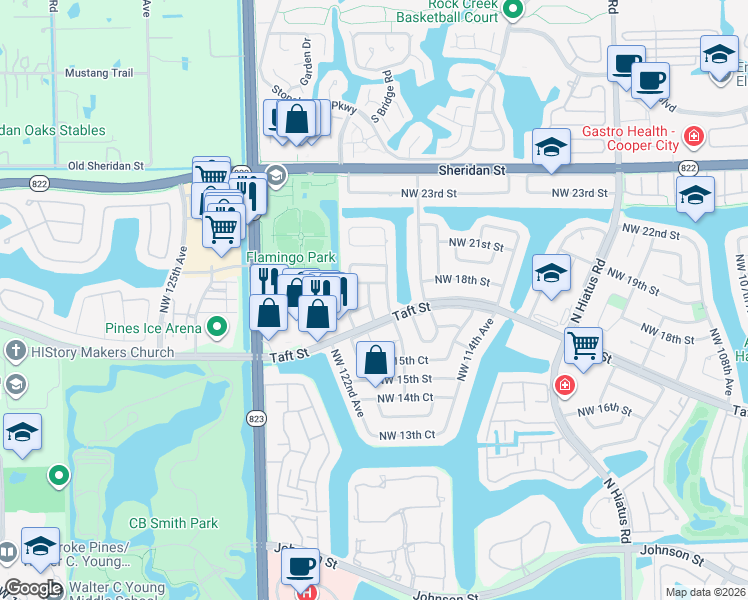 map of restaurants, bars, coffee shops, grocery stores, and more near 1801 Northwest 119th Terrace in Pembroke Pines