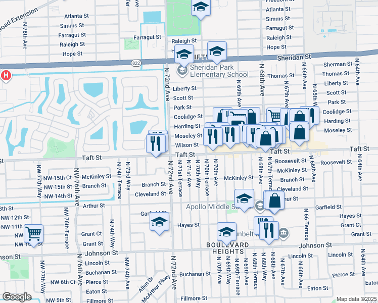map of restaurants, bars, coffee shops, grocery stores, and more near 7100 Wilson Street in Hollywood
