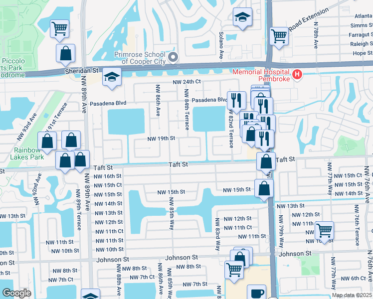 map of restaurants, bars, coffee shops, grocery stores, and more near 8441 Northwest 18th Street in Pembroke Pines