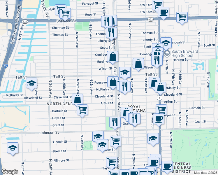 map of restaurants, bars, coffee shops, grocery stores, and more near 2128 Roosevelt Street in Hollywood