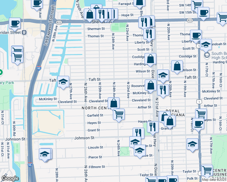 map of restaurants, bars, coffee shops, grocery stores, and more near 1522b North 24th Avenue in Hollywood