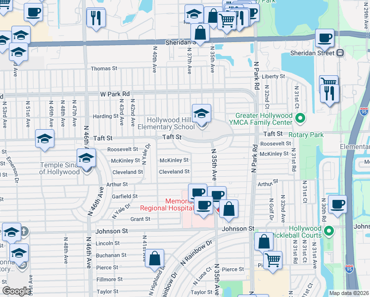 map of restaurants, bars, coffee shops, grocery stores, and more near 3700 Taft Street in Hollywood