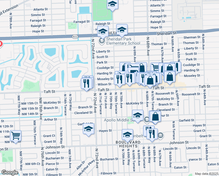 map of restaurants, bars, coffee shops, grocery stores, and more near 7100 Wilson Street in Hollywood