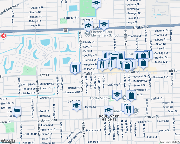map of restaurants, bars, coffee shops, grocery stores, and more near 7100 Wilson Street in Hollywood