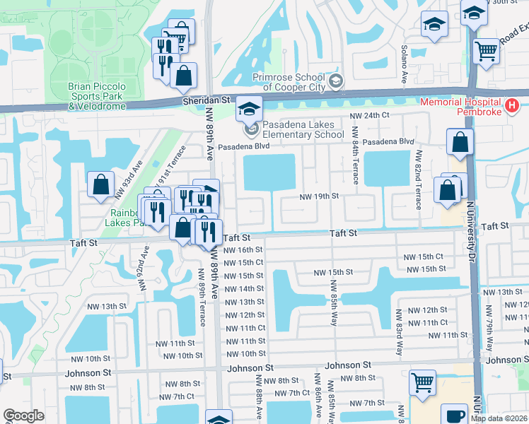 map of restaurants, bars, coffee shops, grocery stores, and more near 8720 Northwest 19th Street in Pembroke Pines