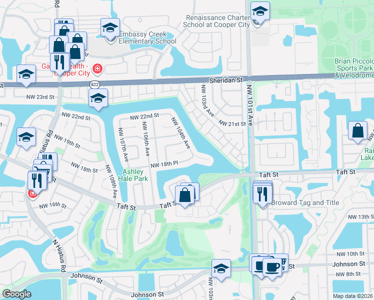 map of restaurants, bars, coffee shops, grocery stores, and more near 10400 Northwest 19th Place in Pembroke Pines