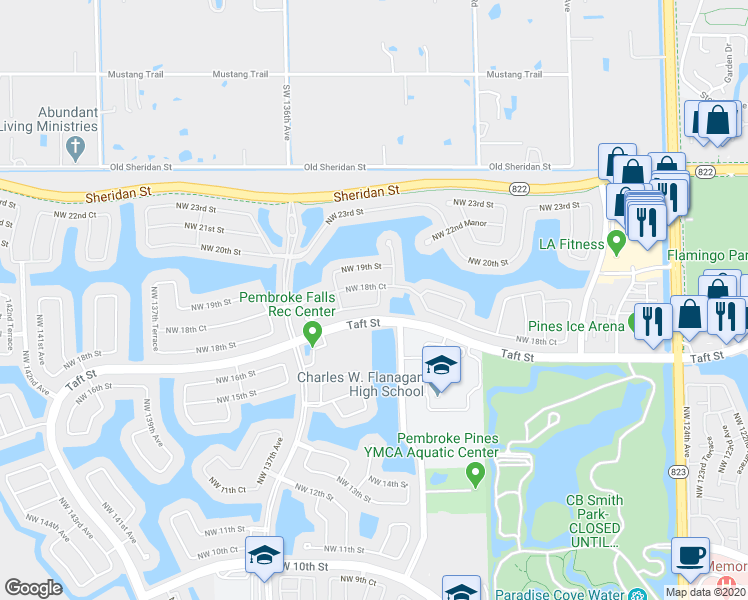 map of restaurants, bars, coffee shops, grocery stores, and more near 1843 Northwest 131st Avenue in Pembroke Pines