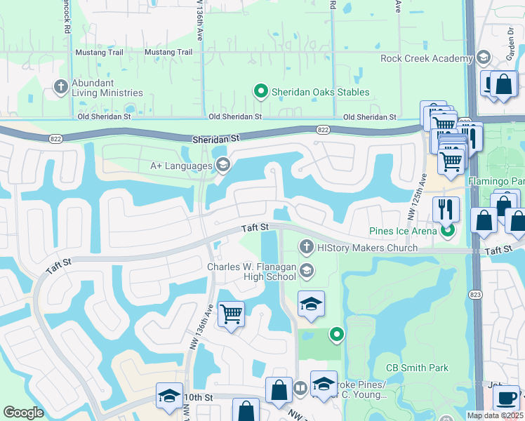 map of restaurants, bars, coffee shops, grocery stores, and more near 13163 Northwest 18th Street in Pembroke Pines