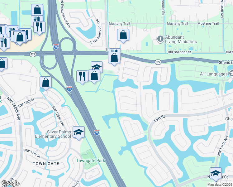 map of restaurants, bars, coffee shops, grocery stores, and more near 1896 Northwest 145th Terrace in Pembroke Pines
