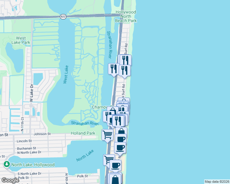 map of restaurants, bars, coffee shops, grocery stores, and more near 2118 North Ocean Drive in Hollywood