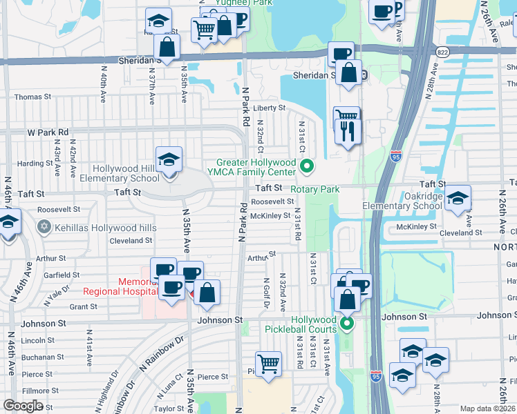 map of restaurants, bars, coffee shops, grocery stores, and more near 1607 North Park Road in Hollywood