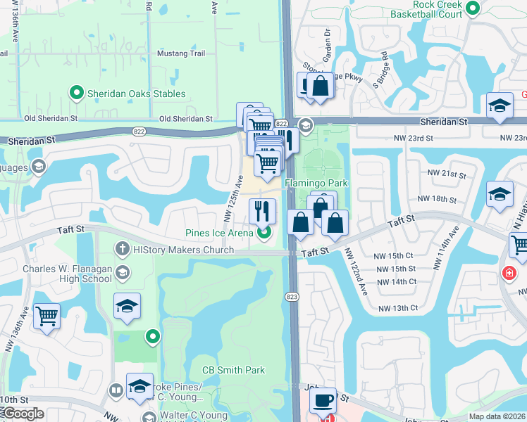 map of restaurants, bars, coffee shops, grocery stores, and more near 12444 Northwest 18th Court in Pembroke Pines