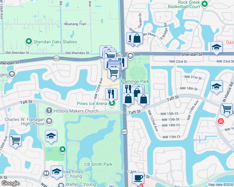 map of restaurants, bars, coffee shops, grocery stores, and more near 12402 Northwest 18th Court in Pembroke Pines