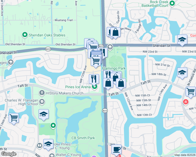 map of restaurants, bars, coffee shops, grocery stores, and more near 12402 Northwest 18th Court in Pembroke Pines