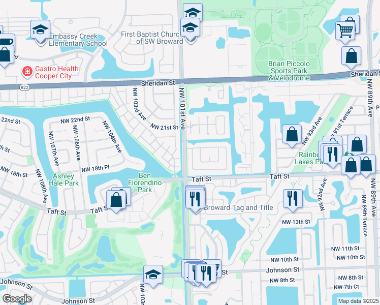 map of restaurants, bars, coffee shops, grocery stores, and more near 1980 Northwest 100th Way in Pembroke Pines