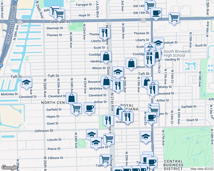 map of restaurants, bars, coffee shops, grocery stores, and more near 1518 North Dixie Highway in Hollywood