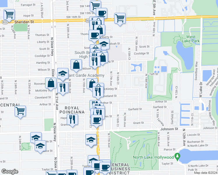 map of restaurants, bars, coffee shops, grocery stores, and more near 1705 McKinley Street in Hollywood