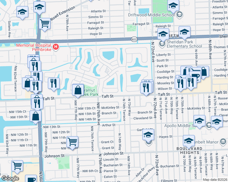 map of restaurants, bars, coffee shops, grocery stores, and more near 7479 Northwest 17th Drive in Hollywood