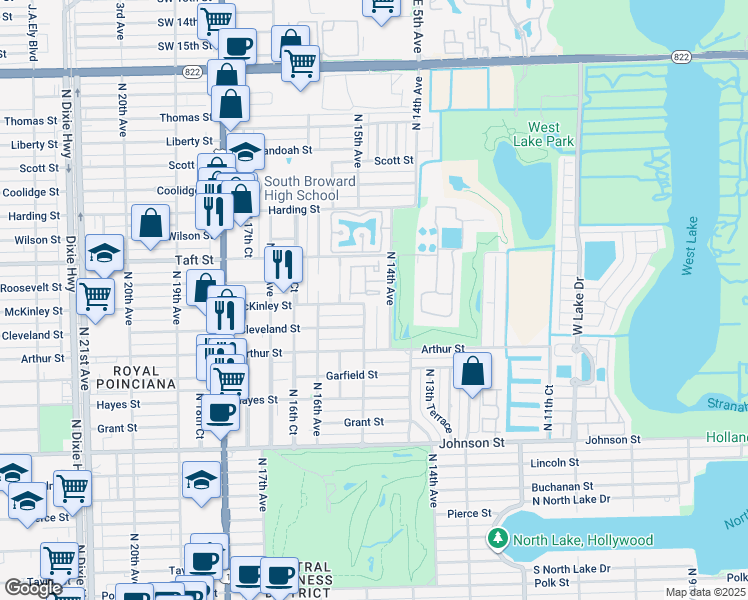 map of restaurants, bars, coffee shops, grocery stores, and more near 1529 Gabriel Street in Hollywood