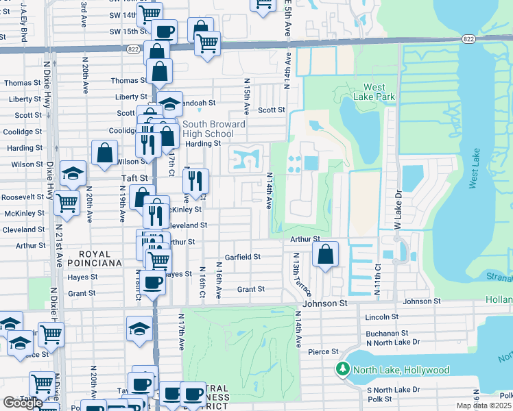 map of restaurants, bars, coffee shops, grocery stores, and more near 1529 Gabriel Street in Hollywood