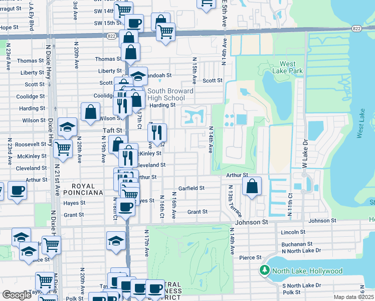 map of restaurants, bars, coffee shops, grocery stores, and more near 1529 Gabriel Street in Hollywood