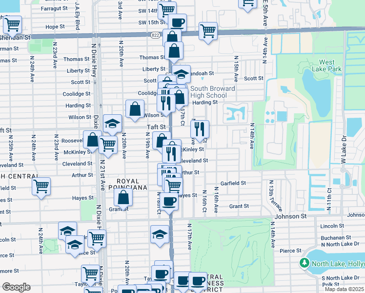 map of restaurants, bars, coffee shops, grocery stores, and more near 1720 Roosevelt Street in Hollywood