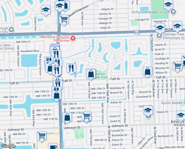 map of restaurants, bars, coffee shops, grocery stores, and more near 1775 Northwest 77th Avenue in Pembroke Pines