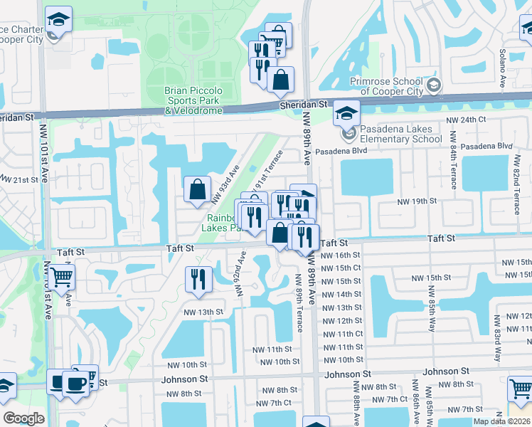 map of restaurants, bars, coffee shops, grocery stores, and more near 9020 Northwest 19th Street in Pembroke Pines