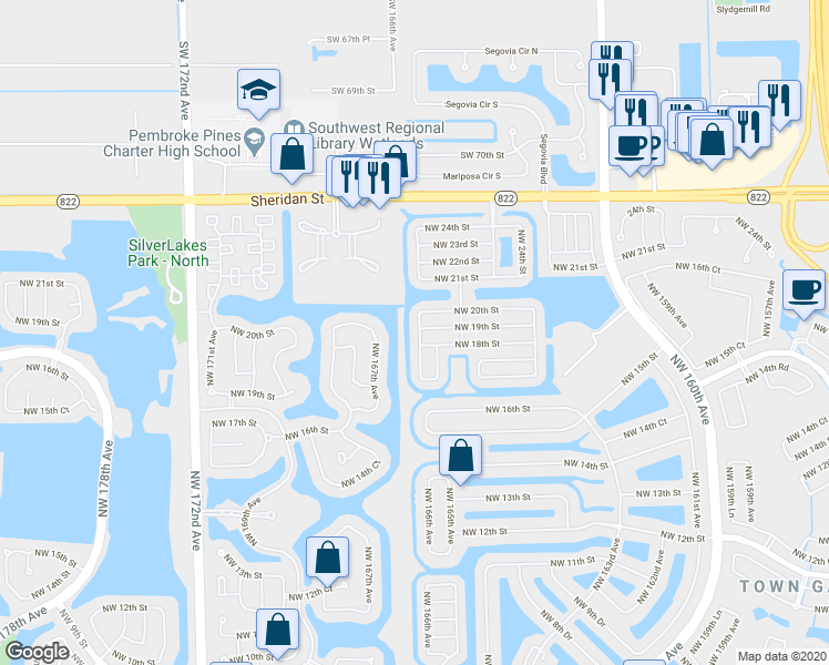 map of restaurants, bars, coffee shops, grocery stores, and more near 1920 Northwest 166th Avenue in Pembroke Pines