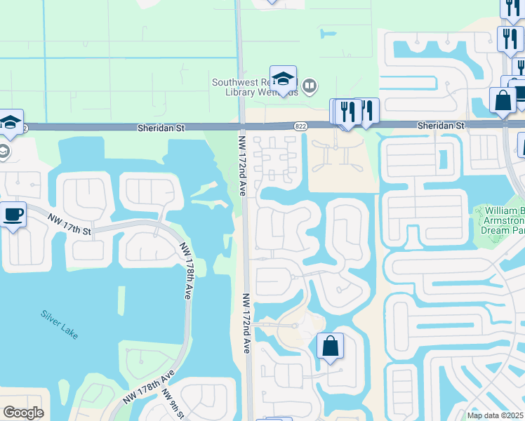 map of restaurants, bars, coffee shops, grocery stores, and more near 17093 Northwest 20th Street in Pembroke Pines