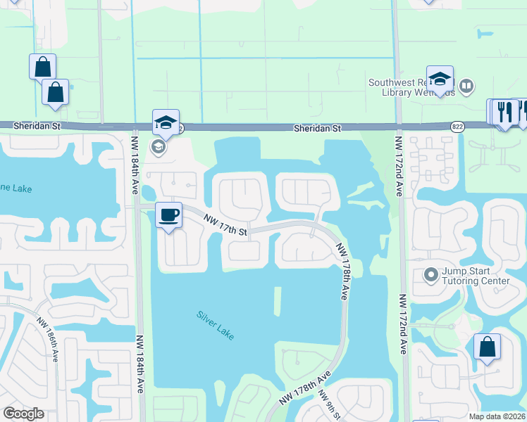 map of restaurants, bars, coffee shops, grocery stores, and more near 1921 Northwest 180th Way in Pembroke Pines