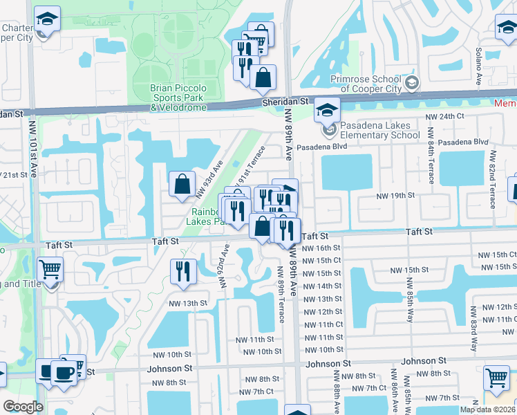 map of restaurants, bars, coffee shops, grocery stores, and more near 9020 Northwest 19th Street in Pembroke Pines