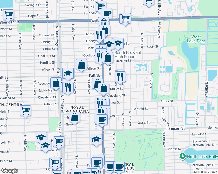 map of restaurants, bars, coffee shops, grocery stores, and more near 1727 McKinley Street in Hollywood