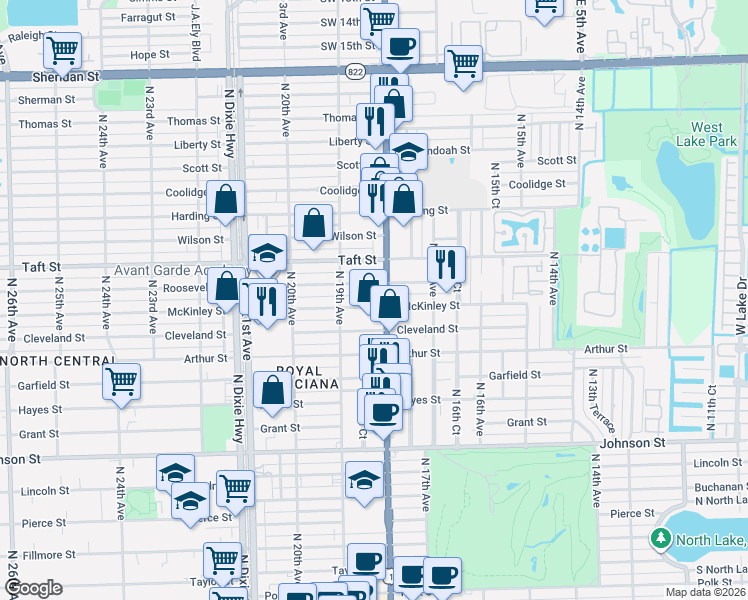 map of restaurants, bars, coffee shops, grocery stores, and more near 1815 McKinley Street in Hollywood