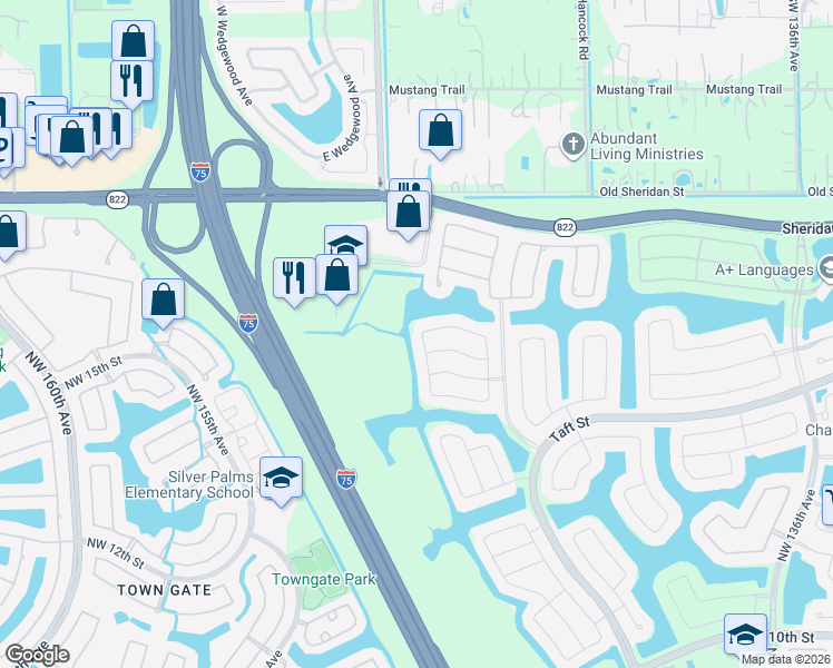 map of restaurants, bars, coffee shops, grocery stores, and more near 1896 Northwest 145th Terrace in Pembroke Pines