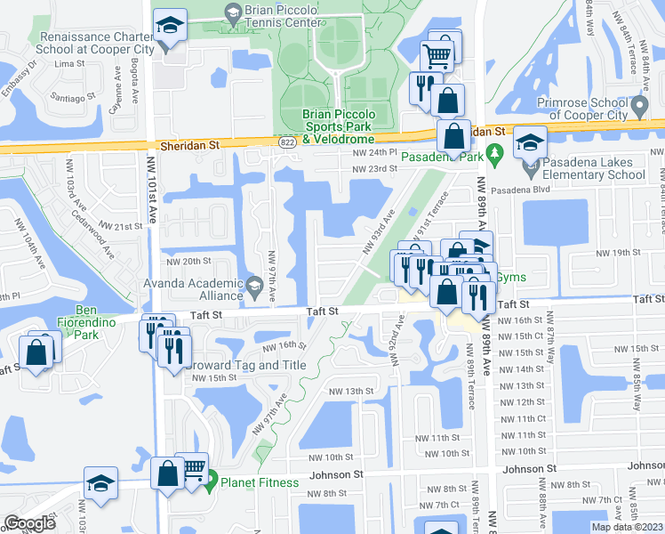 map of restaurants, bars, coffee shops, grocery stores, and more near 9400 Northwest 19th Street in Pembroke Pines