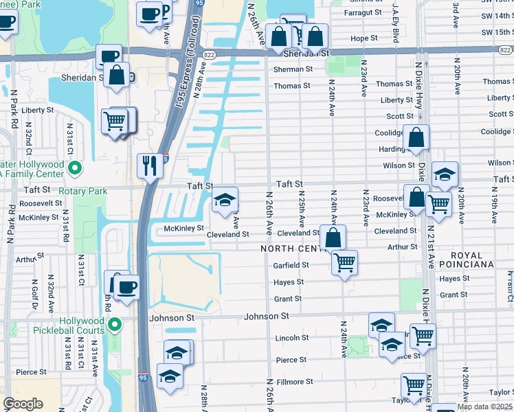 map of restaurants, bars, coffee shops, grocery stores, and more near 2620 Roosevelt Street in Hollywood