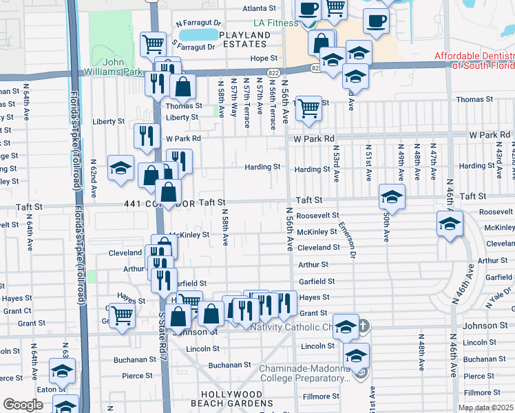 map of restaurants, bars, coffee shops, grocery stores, and more near 5700 Taft Street in Hollywood