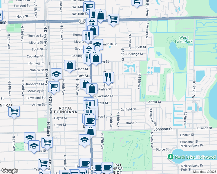 map of restaurants, bars, coffee shops, grocery stores, and more near 1508 North 16th Court in Hollywood