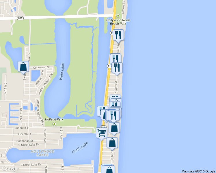 map of restaurants, bars, coffee shops, grocery stores, and more near 2118 A1A in Hollywood