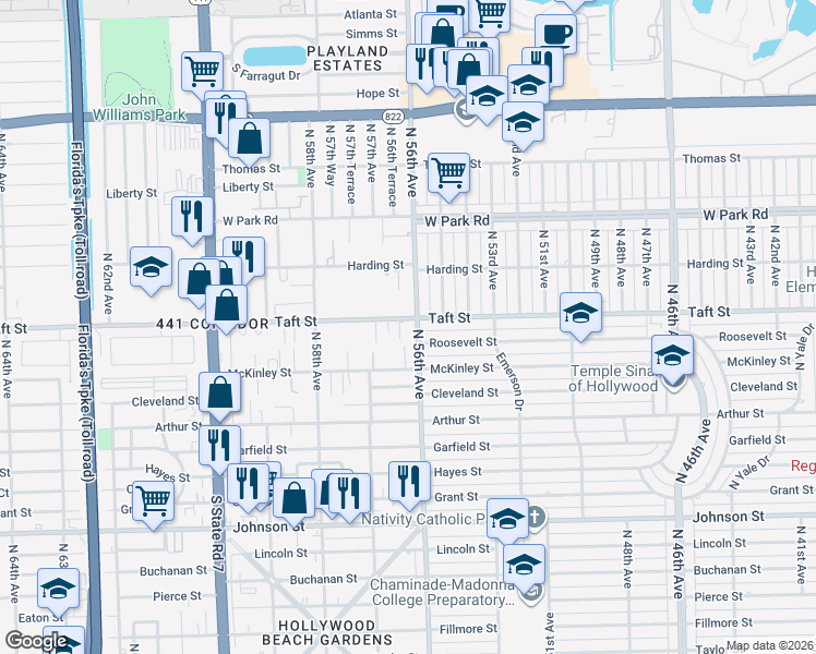 map of restaurants, bars, coffee shops, grocery stores, and more near 5602 Taft Street in Hollywood