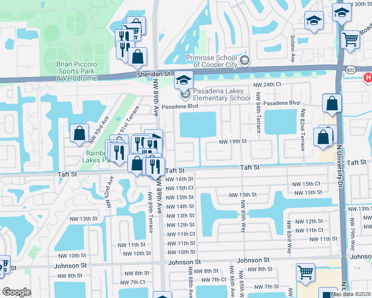 map of restaurants, bars, coffee shops, grocery stores, and more near 8720 Northwest 19th Street in Pembroke Pines