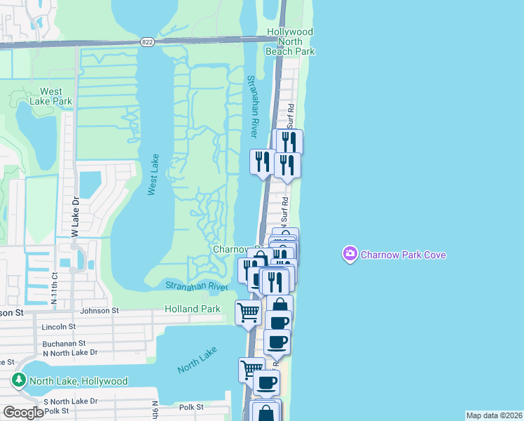 map of restaurants, bars, coffee shops, grocery stores, and more near 2118 North Ocean Drive in Hollywood