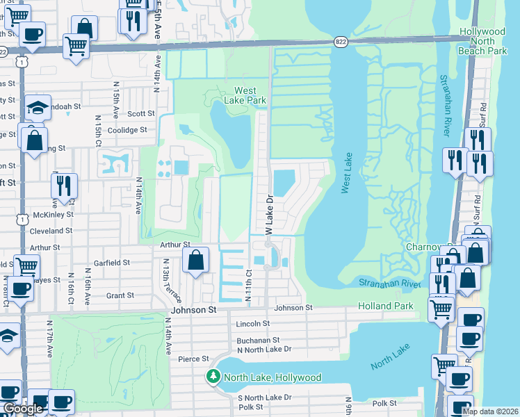 map of restaurants, bars, coffee shops, grocery stores, and more near 1130 Lyontree Street in Hollywood