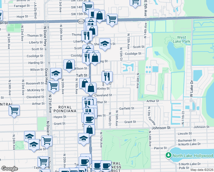 map of restaurants, bars, coffee shops, grocery stores, and more near 1508 North 16th Court in Hollywood