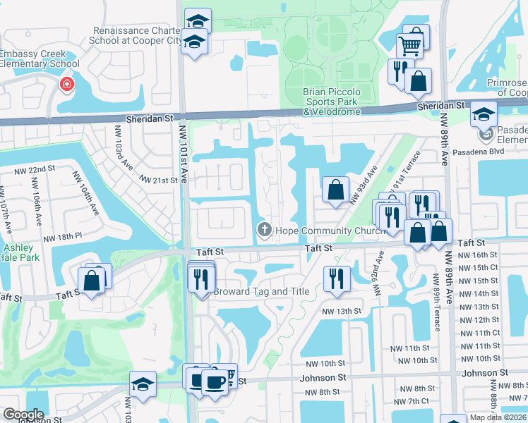 map of restaurants, bars, coffee shops, grocery stores, and more near 1800 Bayberry Drive in Pembroke Pines