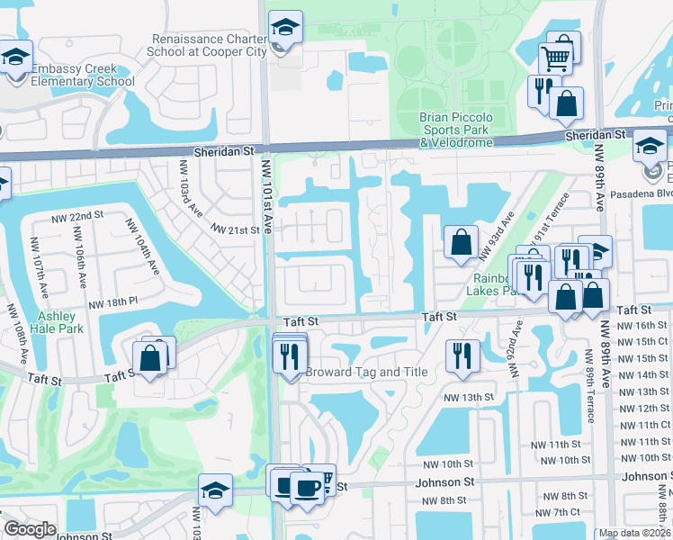 map of restaurants, bars, coffee shops, grocery stores, and more near 1912 Northwest 98th Avenue in Pembroke Pines