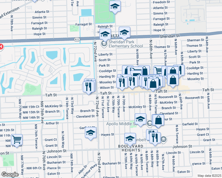 map of restaurants, bars, coffee shops, grocery stores, and more near 7100 Wilson Street in Hollywood