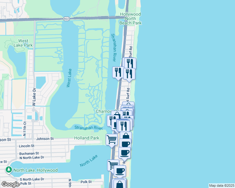 map of restaurants, bars, coffee shops, grocery stores, and more near 2118 North Ocean Drive in Hollywood